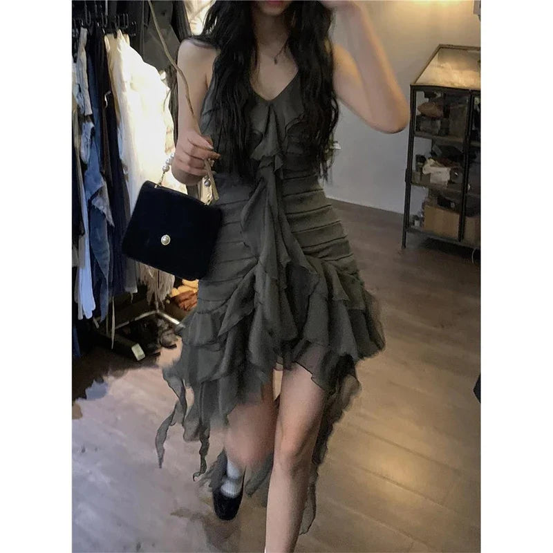 Y2K Ruffles Irreular Dress Women Gothic Sexy Strap A Line Mini Dresses Dark Fairy V Neck Asymmetrical Sleeveless Sundress