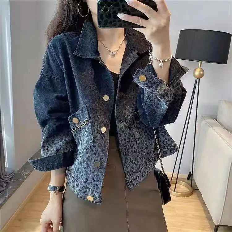 Jackets Women Spring Autumn Denim Jacket Blue Black Jean Jacket Streetwear Vintage Leopard Short Tops Korean Loose Cowboy Jacket
