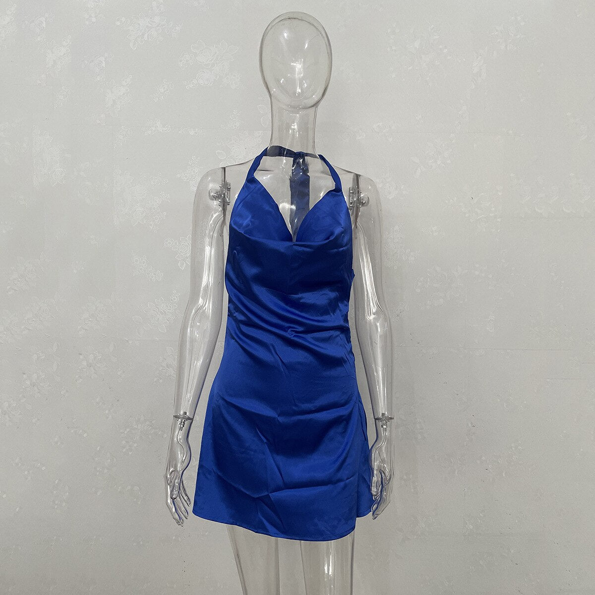 maoxiangshop Satin Sexy Backless Bandage Bodycon Mini Dresses Women Solid Halter Dress Party Night Club Vestidos Streetwear Summer