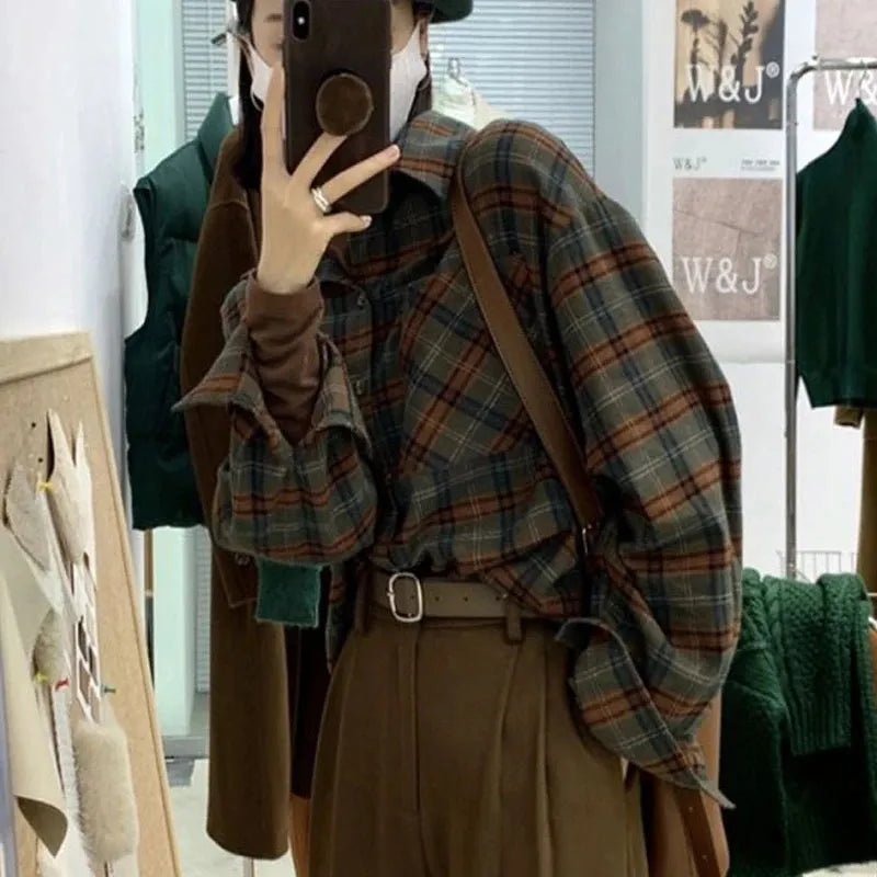 maoxiangshopVintage Plaid Shirt Women Harajuku Retro Long Sleeve Oversized Blouse Korean Streetwear Turn Down Collar Loose Casual Tops