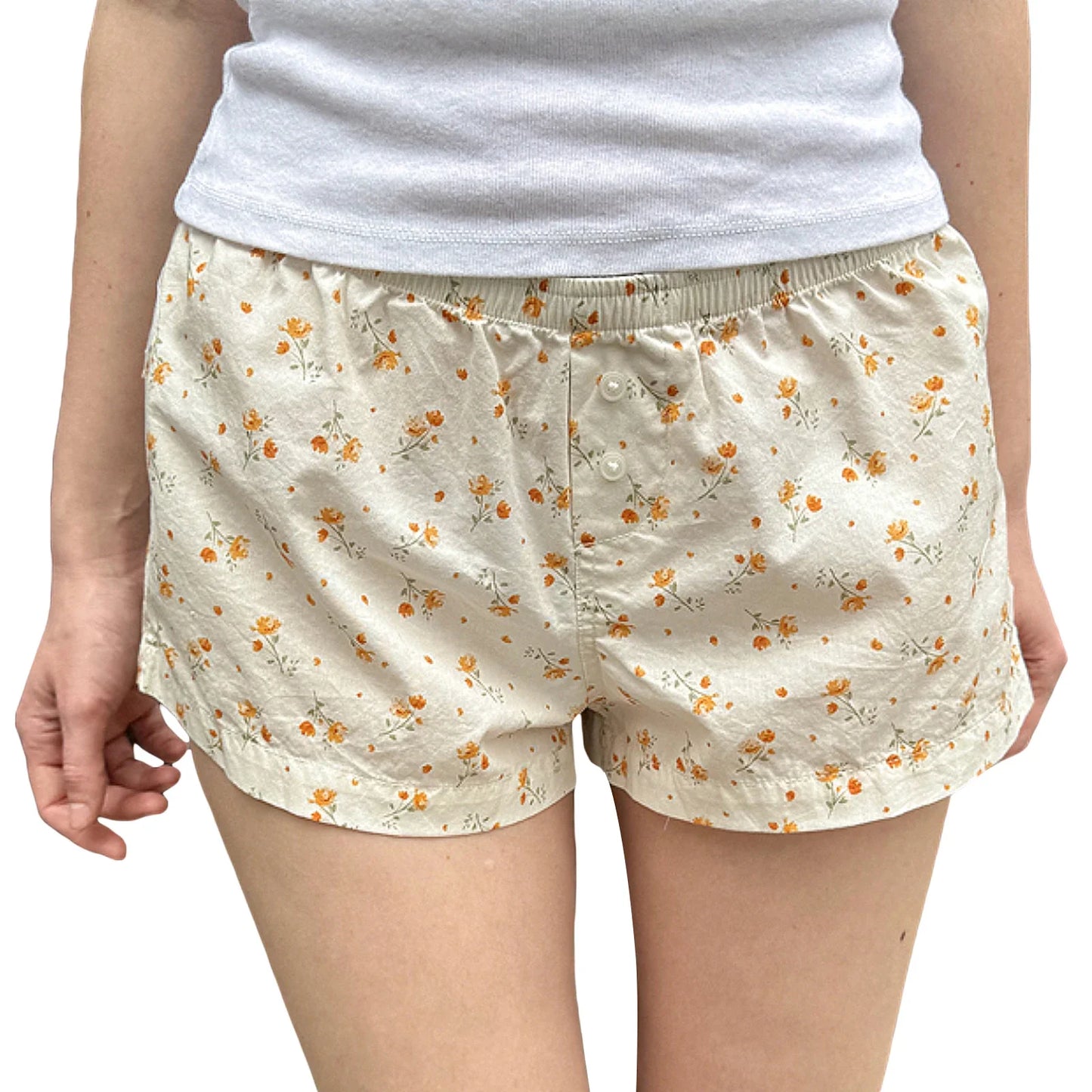 maoxiangshop - Summer Women's Y2K Cute Loungewear Shorts Casual Loose Fitting Elastic Low Waist Floral Bottoms with Button Decor
