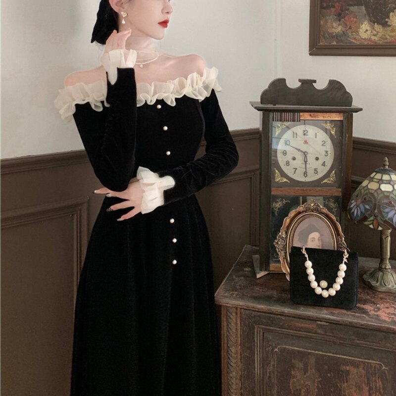 maoxiangshop Winter Velvet France Vintage Dress Women Korean Elegant Evening Party Midi Dress Ladies Long Slevee Retro Chic Dress Autumn