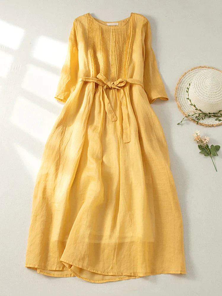 maoxiangshop Japan Style Double Layers Women Dresses Chic Organ Pleats Short Sleeve O-Neck Cotton Blended Office Lady Midi Dresses Robe Femme