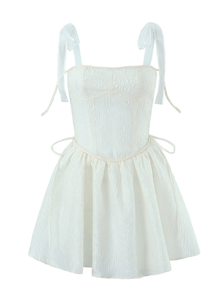 maoxiangshop White Strap Dress Spring Summer New Sexy Holiday Fashion Slim Waist Hollow Tie Short Mini Dress For Women