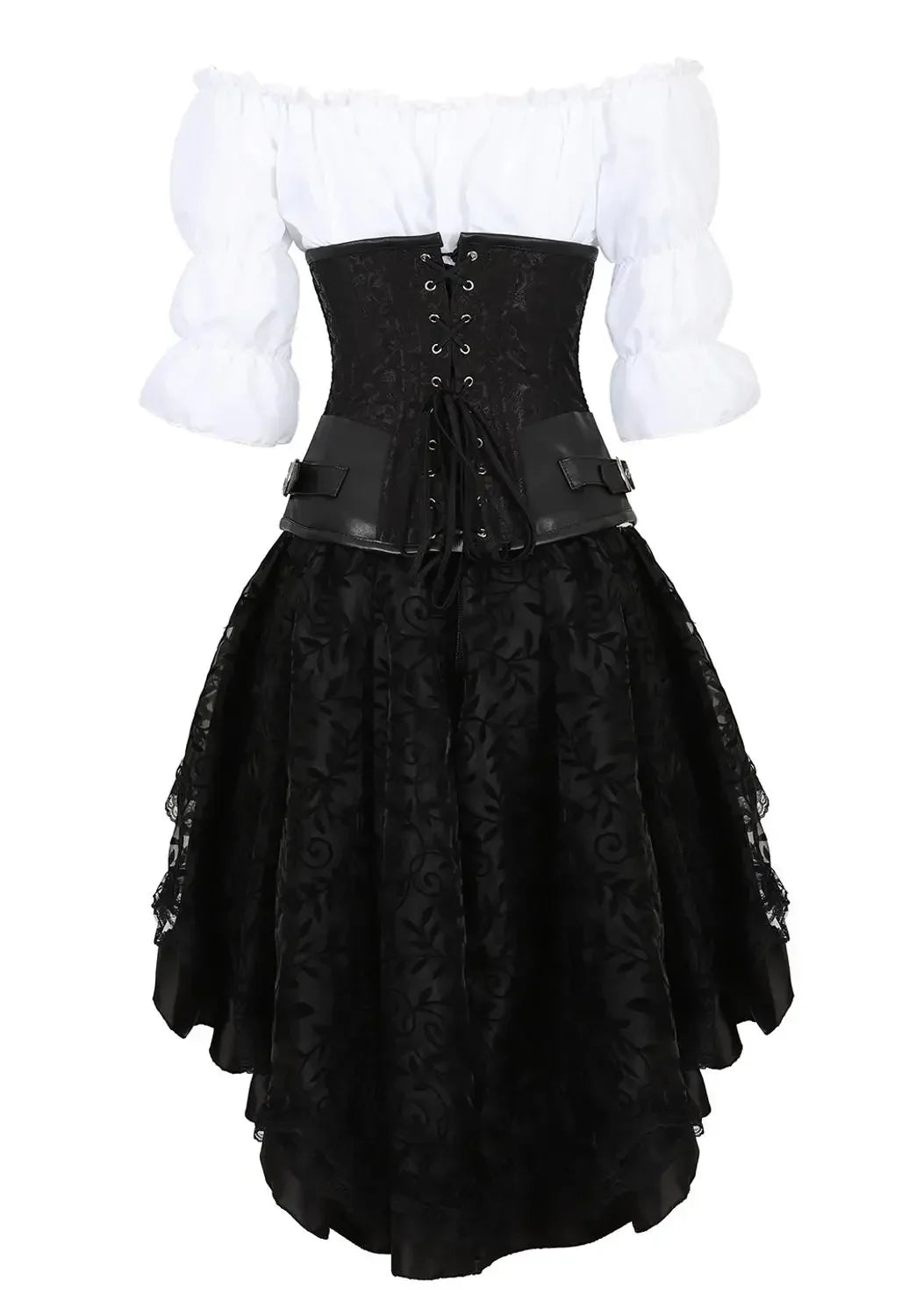 maoxiangshop - Leather Corset Plus Size 3 Piece Outfits for Women Steampunk Steel Boned Bustier Underbust Skirt Blouse Set Pirate Rave Costume
