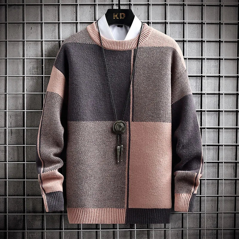 maoxiangshop Half High Collar Color Blocking Warm Sweater/ High Quality Men Spring Autumn Slim Leisure Korean Long Sleeve Loose Knit Pullover