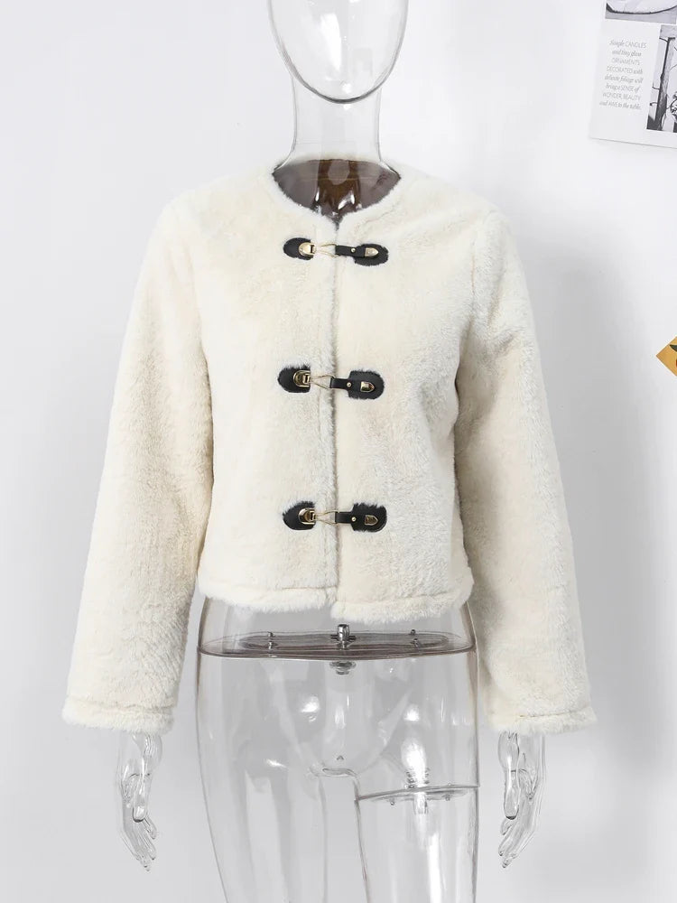 maoxiangshop - 2024 Winter Lambs Wool Jacket Coat Loose O-neck Leather Knot Buckle Long Sleeve Plush Jackets Autumn Fashion Lady Solid Outwear