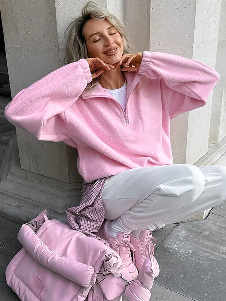 maoxiangshop - Fashion Women's Sports Sweatshirts Velvet 2024 Autumn Winter New Niche Solid Loose Casual Outer Top Long Sleeve Pullover