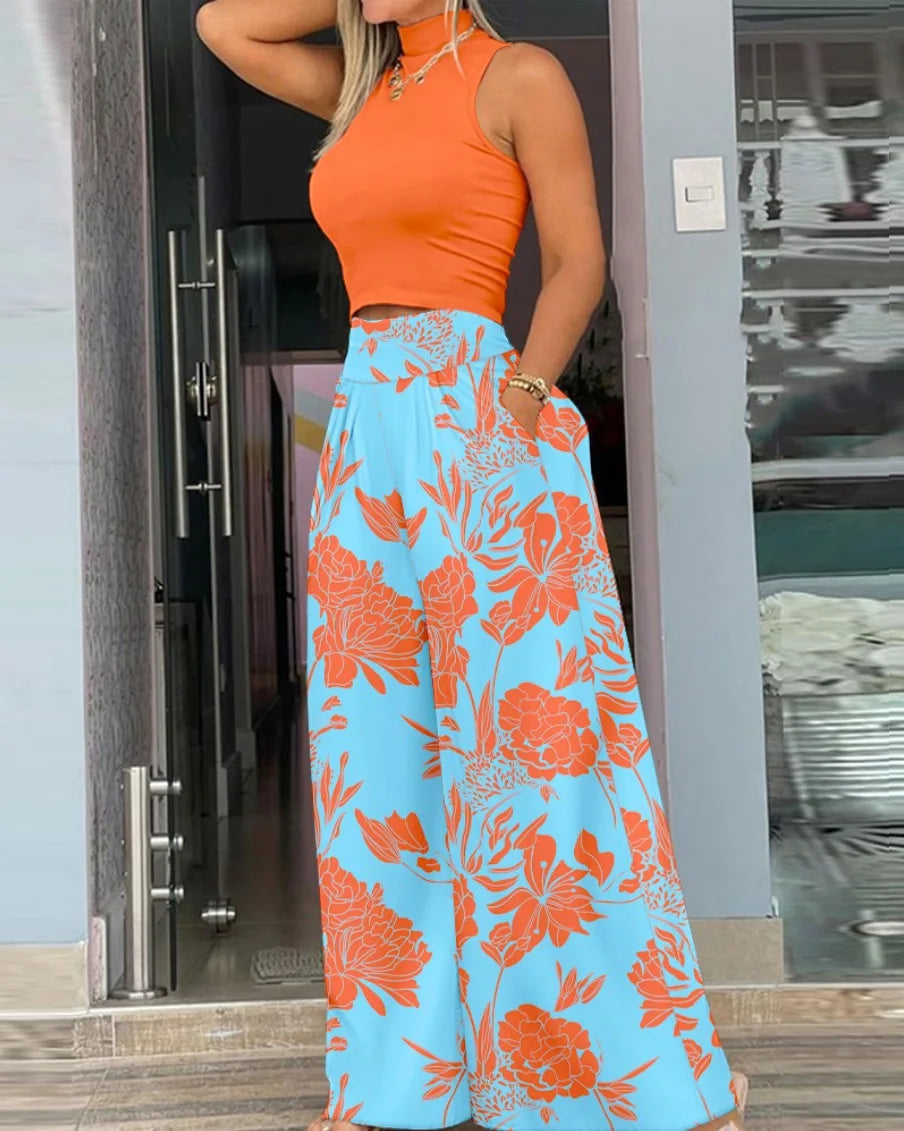 maoxiangshop Sexy Off Shoulder Sleeveless Blouse Pants Set Office Lady Spring Summer Print Tops Trousers Two Piece Set Women Outfit