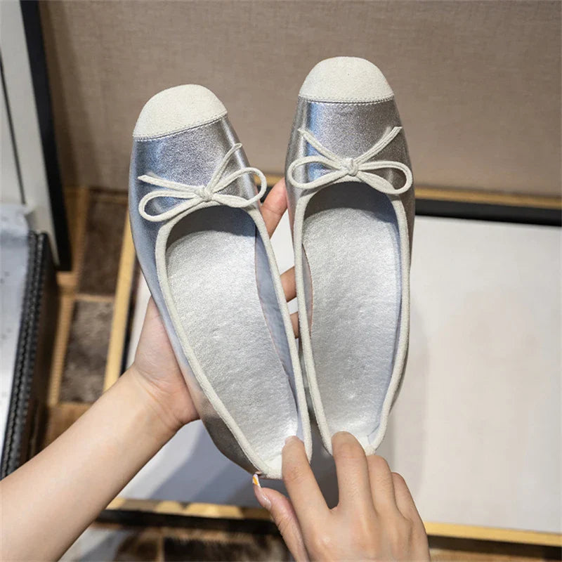 maoxiangshop - Breathable Silk Ballerinas Ballet Flats Women Summer Autumn Slip on Loafers Square Toe Bowknot Flat Casual Shoes