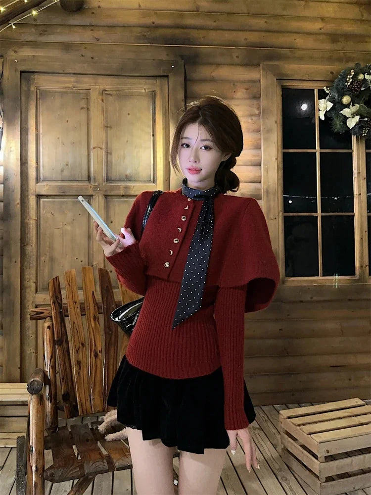 maoxiangshop - Vintage Red Poncho Sweater Women Ribbed Knitwear Two-Piece Set Pullover Korean Cutecore Long Sleeve Christmas Clothes
