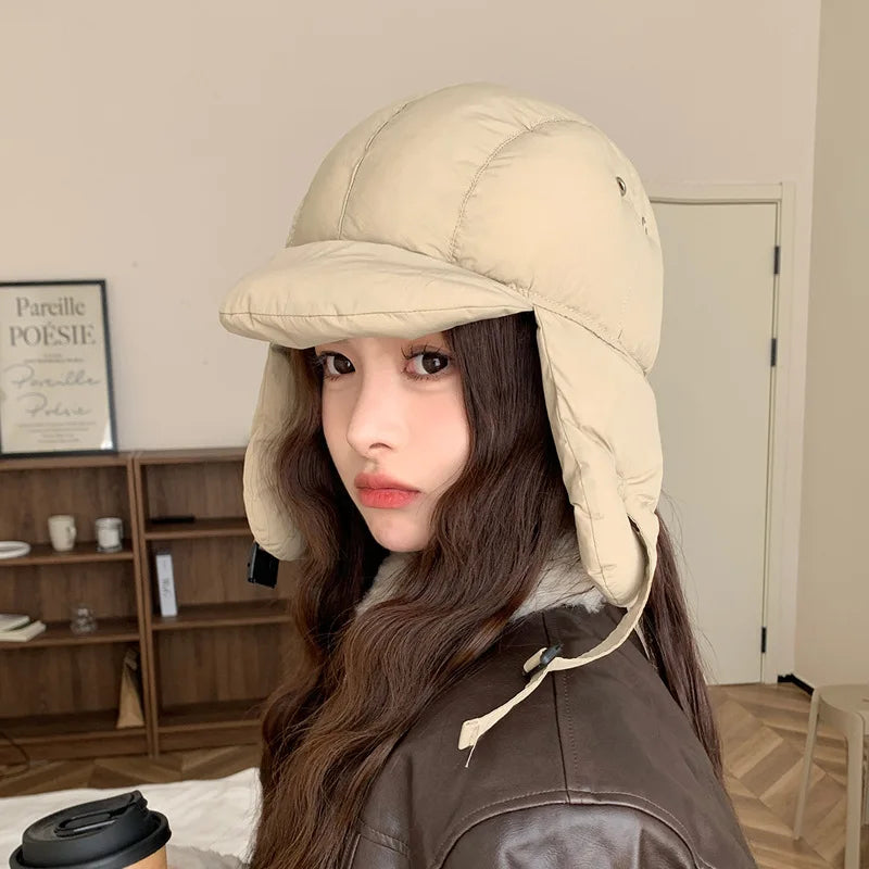 maoxiangshop - Down Cotton Bomber Hats for Women Winter Windproof Ear Protection Cap Warm Thick Motorcycle Lining Korean Solid Cycling Ski Hat