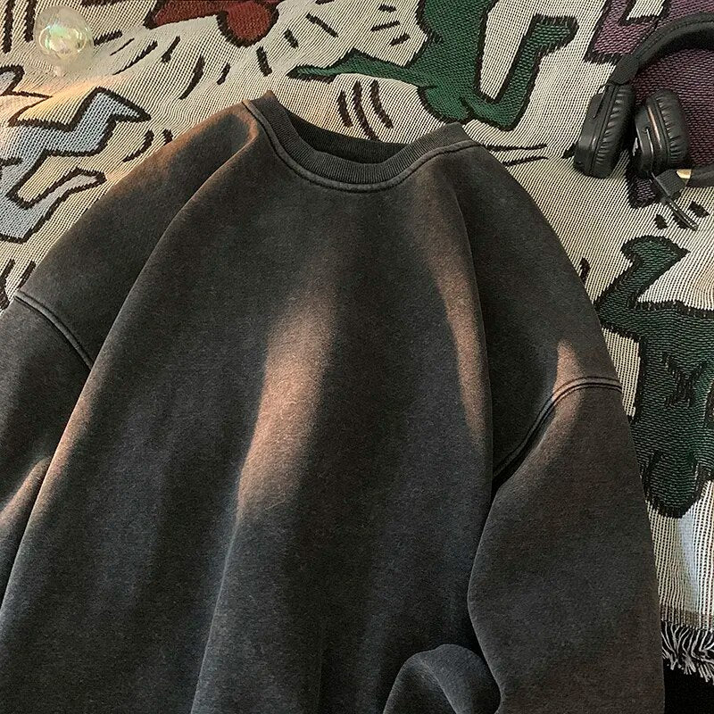 maoxiangshop American Washed Old Pullovers Sweatshirts Men Loose Solid Color Autumn Large Size Warm O Neck Tops Hip Hop Y2k Sweatshirt