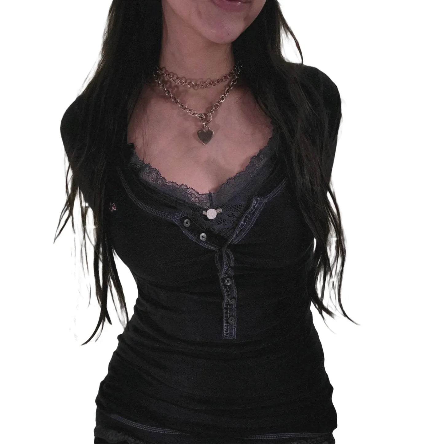 maoxiangshopWomen s Spring Autumn Slim Tops Black Long Sleeve Button Down Ribbed Skinny T-shirt