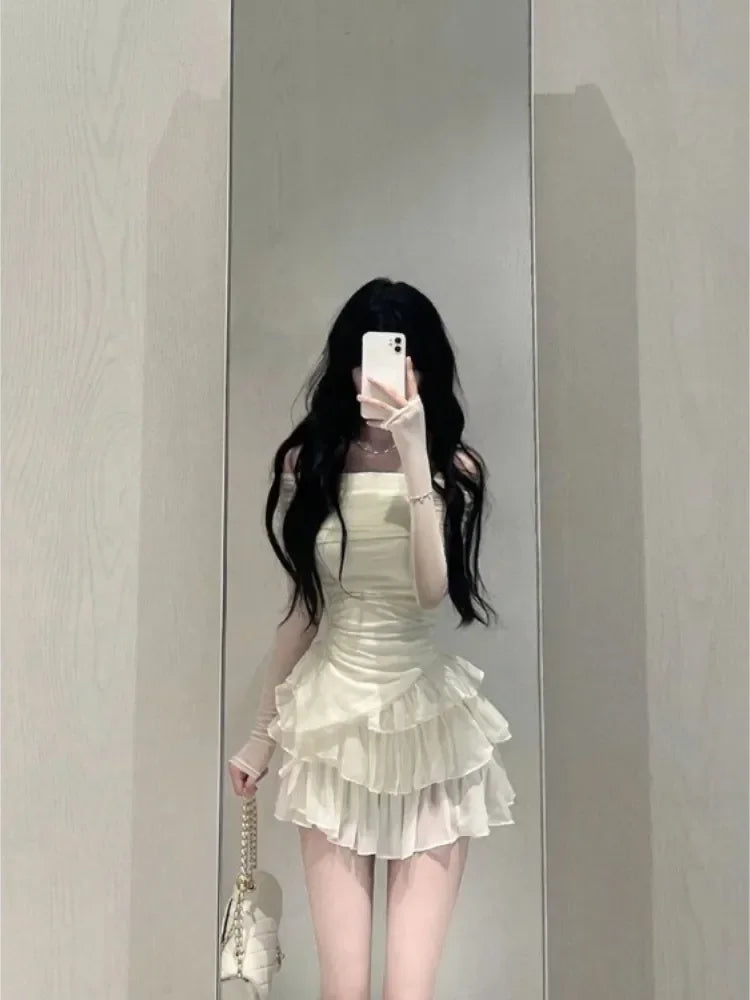 maoxiangshop-Spring Two Pieces Skirt Set Women Y2k Crop Tops T-shirt + Cake Skirts Japanese Kawaii Fashion Suits Chic Outwear Korean