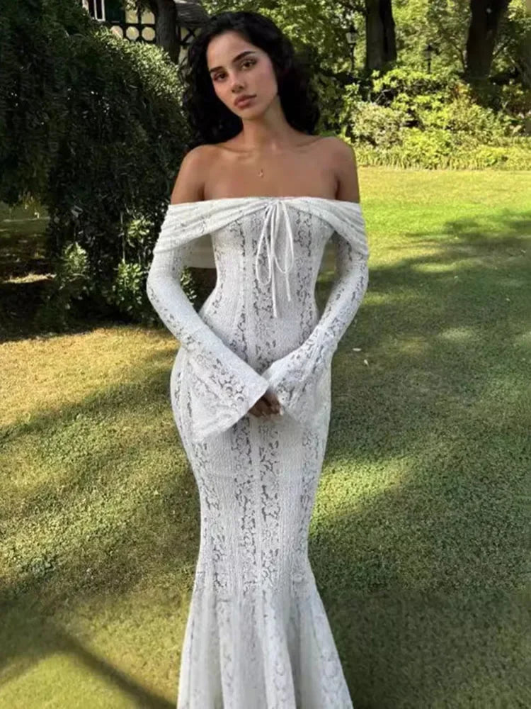 maoxiangshop - Lace Hollow Slim Mini Dress For Women One Shoulder Sexy Long Sleeves Club Party Dresses Bodycon Bandage Elegant Autumn