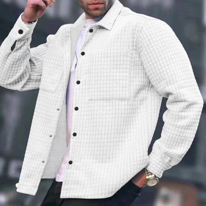 maoxiangshop Autumn Men Cardigan Small Checkered Long-sleeved Coat Shirt Men's Fashion Casual Large Size