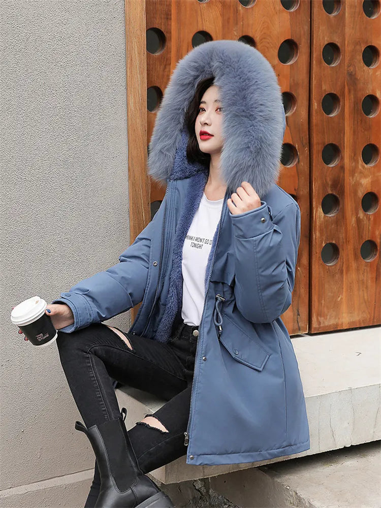 maoxiangshop Winter Coat Low Price On Sale Women Beige Add Wool Thick Warmth Fur Hooded Parkas Jacket New Fashion Belt Slim Cotton Coat
