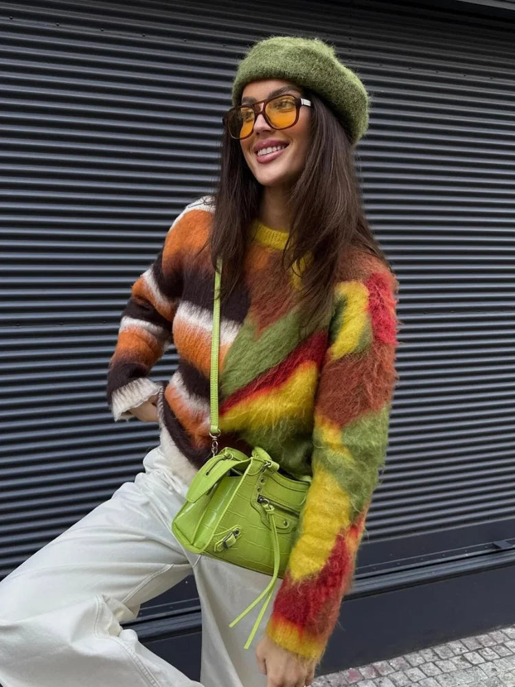 maoxiangshop - Mohair Rainbow Color Knitted Sweater Women Striped Chic Loose O-neck Warm Pullover 2024 Autumn Long Sleeve Street Jumper Tops
