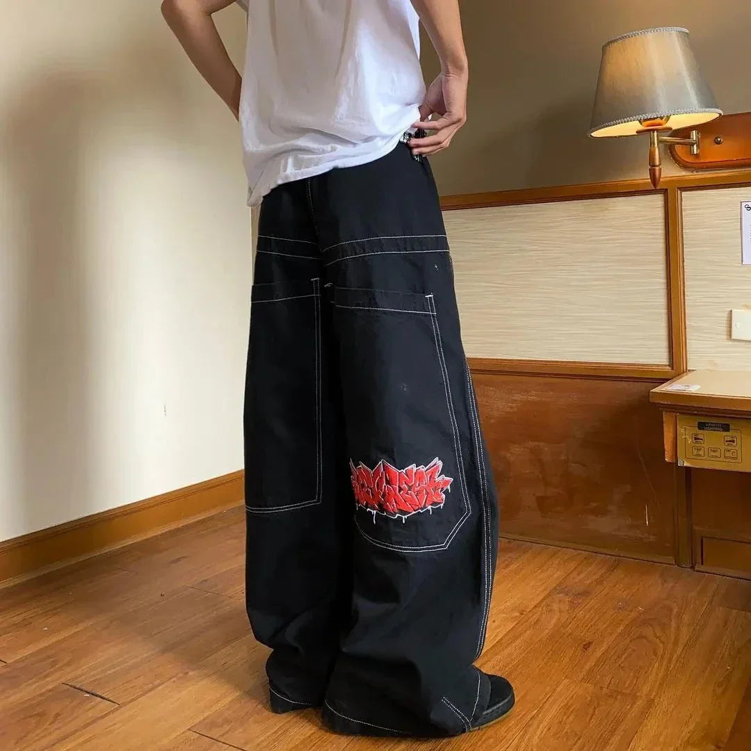 maoxiangshopStreet Hip Hop Retro Y2k Fashion Casual Loose Big Pocket Jeans Harajuku High Waist Straight Leg Wide Leg Trousers Baggy Pants