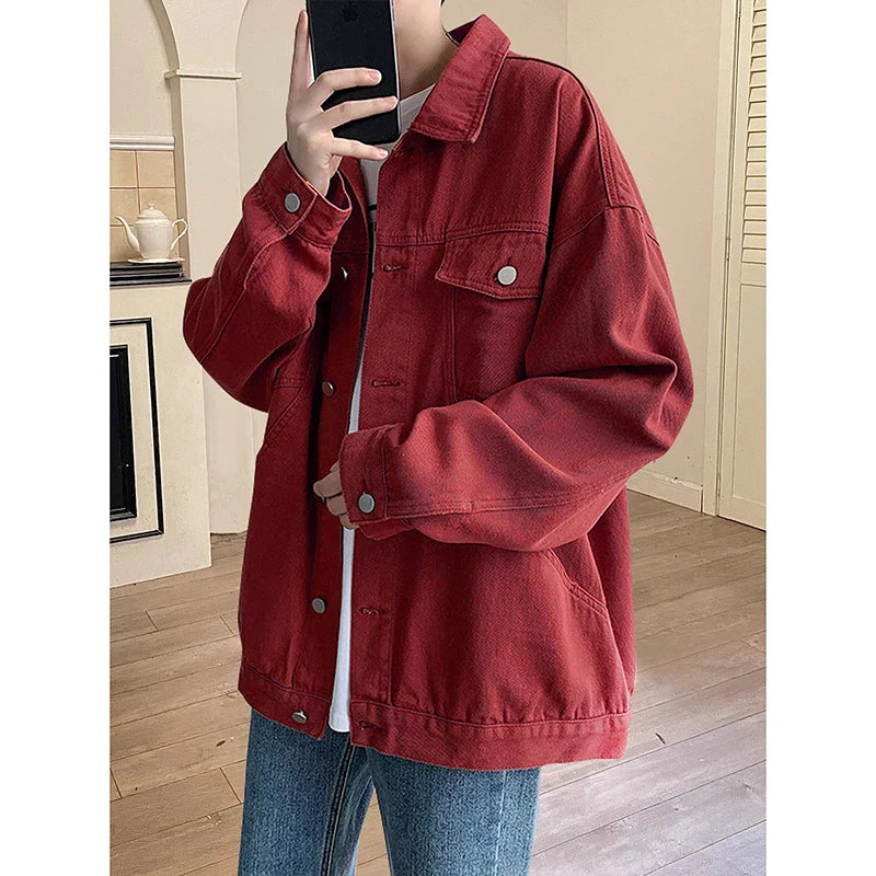 maoxiangshop New Steetwear Red Mens Jean Jackets Turn Down Collar Multi-pockets Denim Coats Overalls Loose Casual Men Clothing Outwear