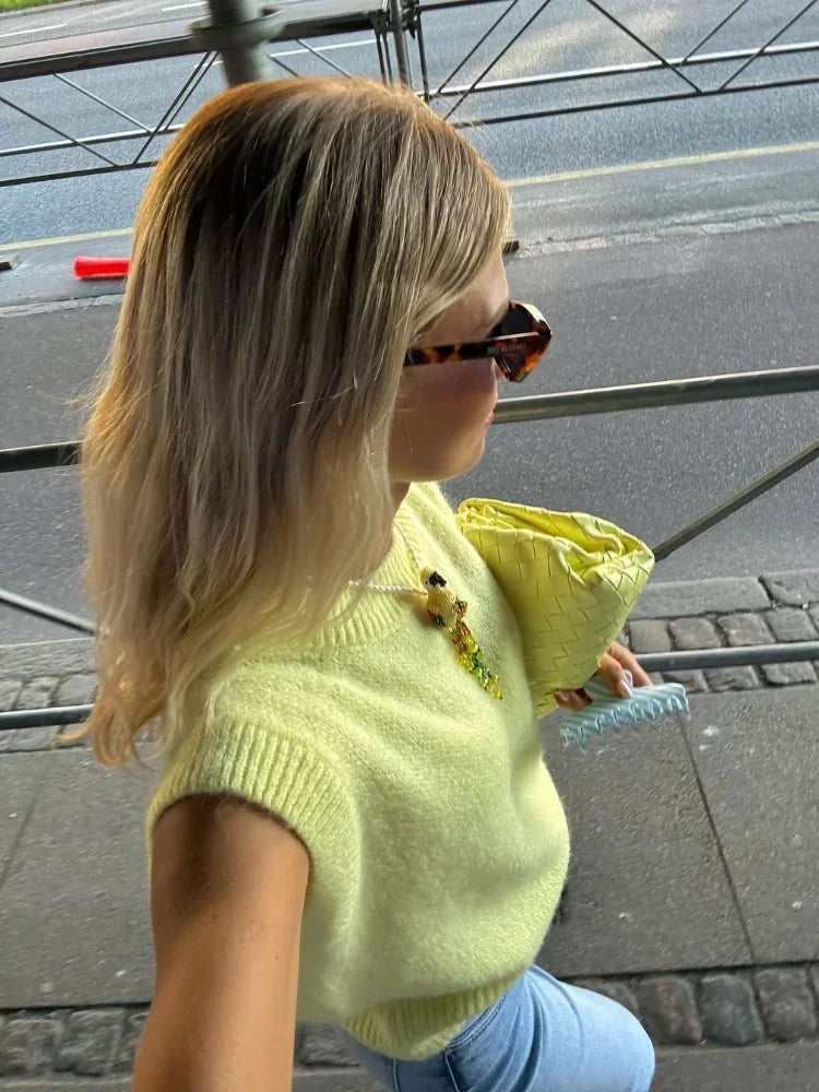 maoxiangshop - Casual Sleeveless Loose Knitted Pullover Tops Elegant Yellow O-neck Vests Women 2024 Autumn Female Commuting Jumper Sweaters
