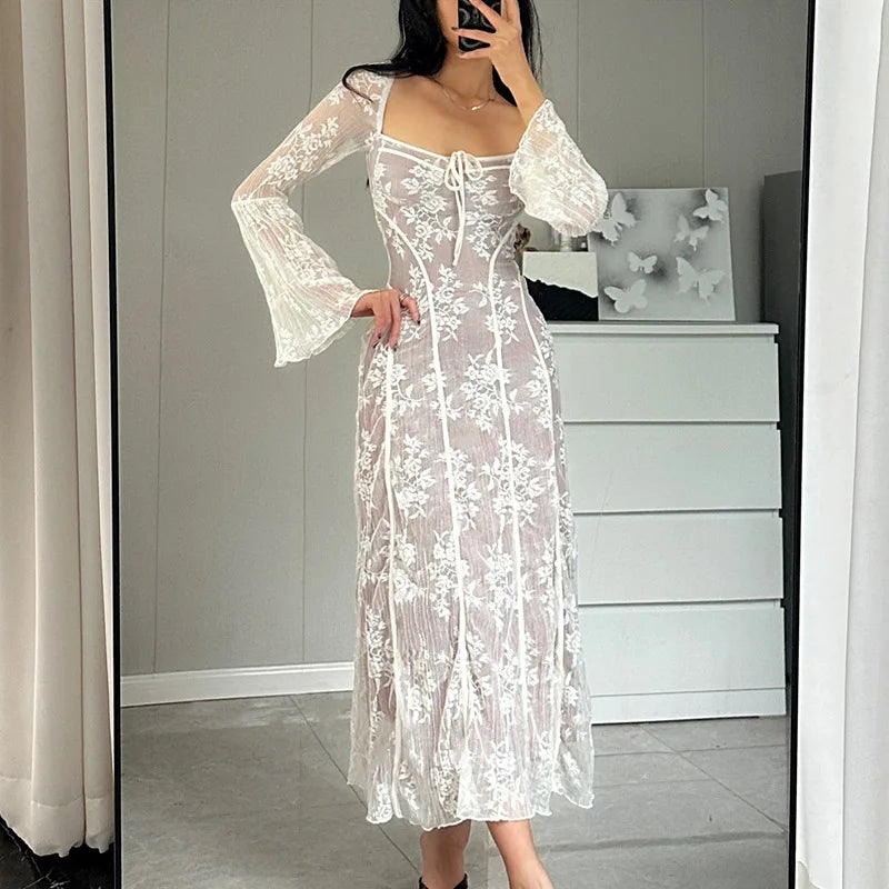 Vintage Lace Long Dress for Women Fashion Elegant Flare Sleeve Square Collar Pleated Dresses Vacation Beach Party Ladies Outfits