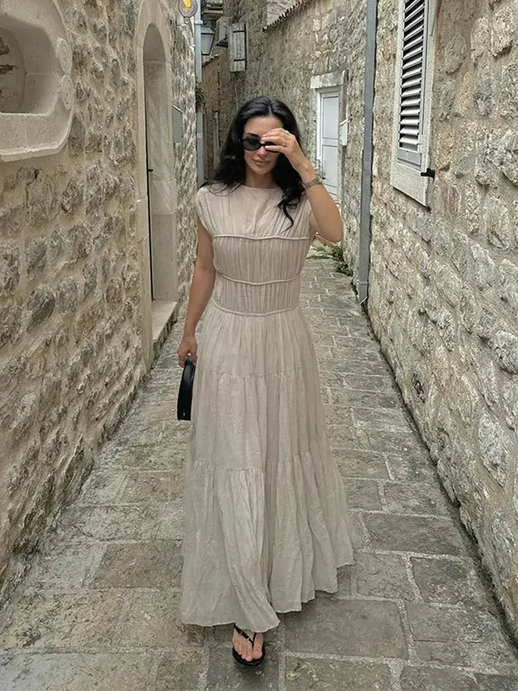 Summer Lady Elegant Pleated Hem Solid Maxi Dress Fashion Short Sleeve Round Neck Robe Casual Women Commuting Office Dresses