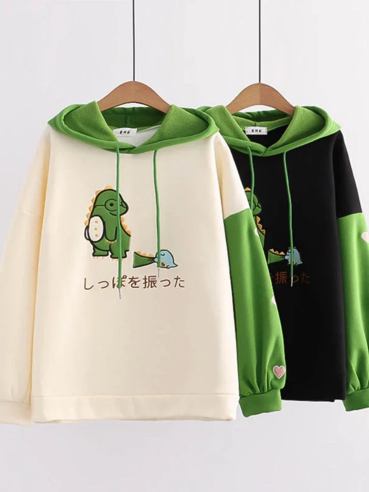 maoxiangshop Harajuku Kawaii Hoodies Cartoon Dinosaur Print Casual Women Winter Warm Fleece Hooded Cotton Sweatshirt Teen Girls Cute Top