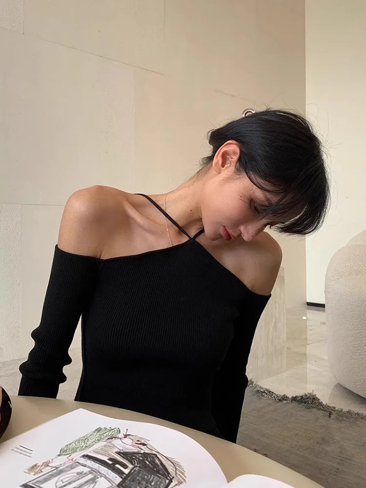 maoxiangshop - Design Sense Off Shoulder Top For Women's Spring And Autumn Niche Slim Fit One Shoulder Hanging Neck Knitted Top