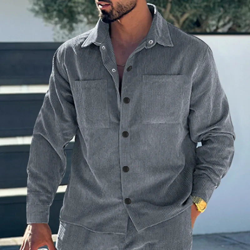 maoxiangshop Autumn New Men's Shirt High Quality Corduroy Leisure Multi-pocket Solid Color Cargo Shirt Cardigan Men's Clothing