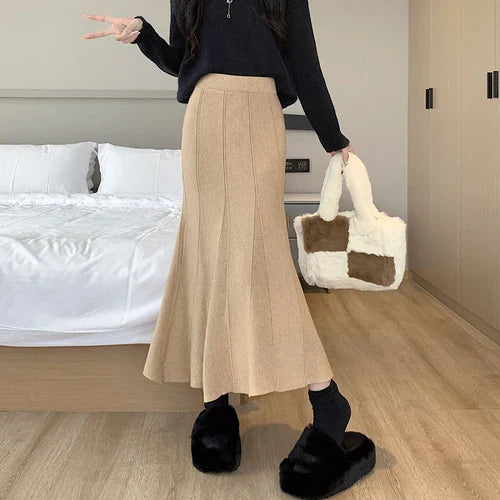 maoxiangshop Knitted Long Skirt for Women Fashion Korean Autumn Winter Ankle-Length Casual Slim Midi Skirt Solid Elegant Women's Skirts