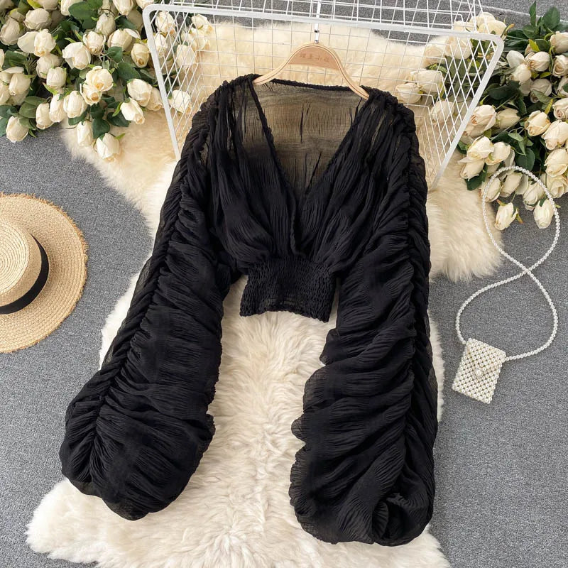 maoxiangshop-Women Sexy Chiffon Short Blouse Female See Through Super Long Sleeve Blusas Purple/Green/Black/White Folds Party Tops 2022 New