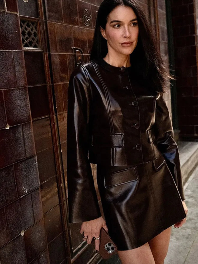 maoxiangshop - Fashion Leather Jacket Skirt Suit Women Lapel Button PU Coat Mini Skirts 2 Pieces 2024 Lady Autumn Street New in Matching Sets