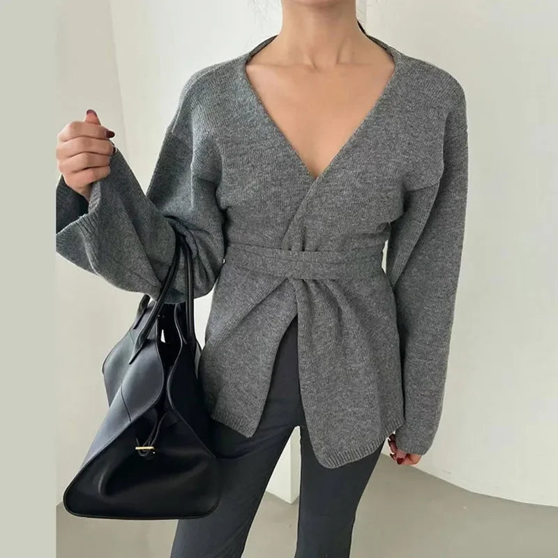maoxiangshop - Elegant Knitted Cardigan With Belt Women Casual V-neck Long Sleeve Loose Sweater 2024 Autumn New Office Lady Lazy Tops Knitwear