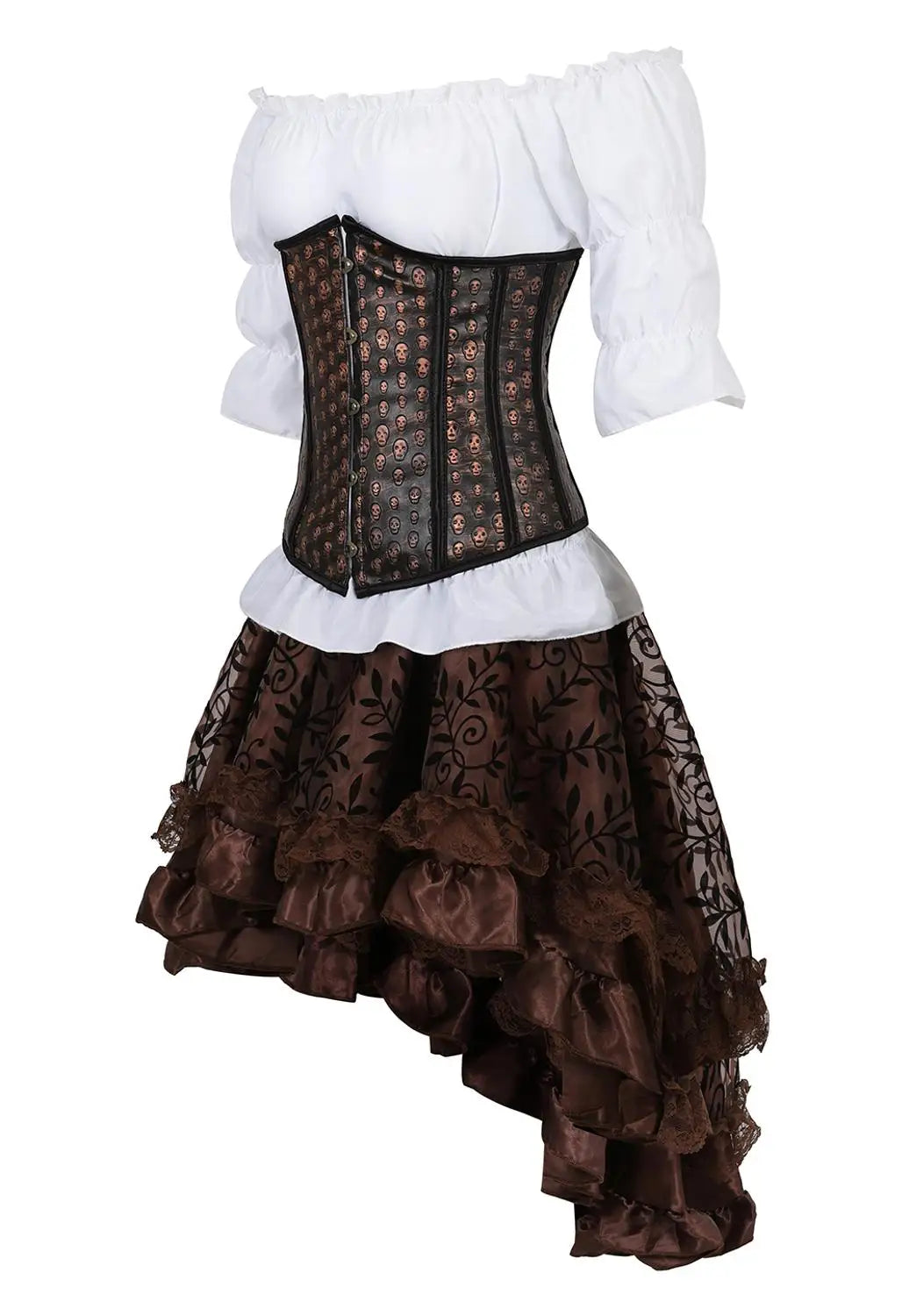 maoxiangshop - Corset Dress Suit Leather Bustiers Outfits for Women Steampunk Skull Underbust Skirt White Blouse Set Carnival Party plus size