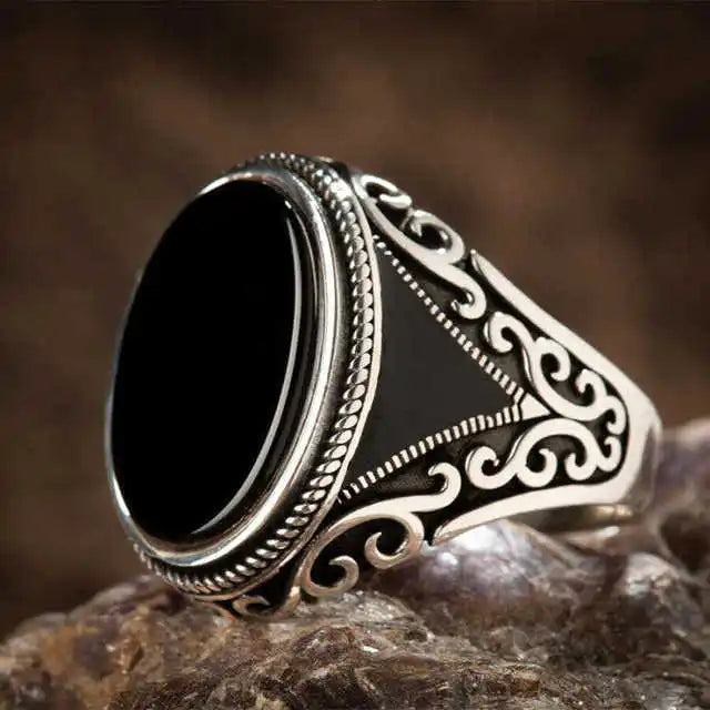 maoxiangshop Retro Handmade Turkish Signet Rings for Men Ancient Silver Color Carved Ring Mystic Zircon Inlay New Punk Motor Biker Ring