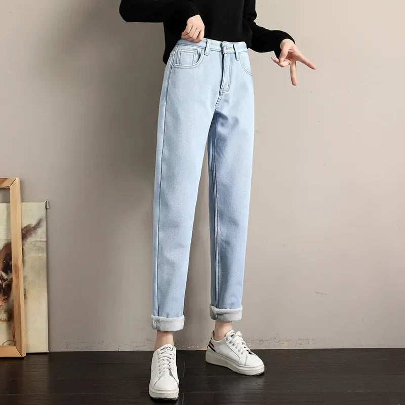 maoxiangshop Fleece Jeans Women Baggy Harem Pants Winter New High Waist Straight Thickened Warm Boyfriend Velvet Denim Trousers