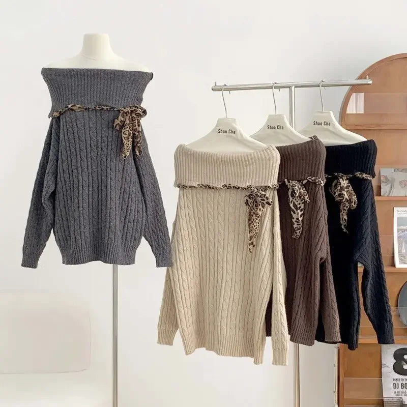 maoxiangshop - 2024 Autumn Woman's Tops Sweet Korean Bow Harajuku Soft Sweater Pullover Y2K Off The Shoulder Fashion Casual Loose Knitwear Top