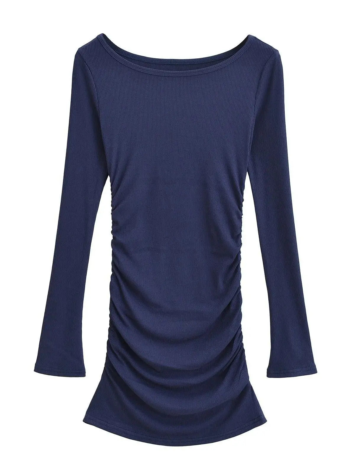 maoxiangshop - Autumn/winter New Round Neck Long Sleeve Dress Women Cinching Waist Wrap Hip Solid Slim Pleated Knitted Short Dress