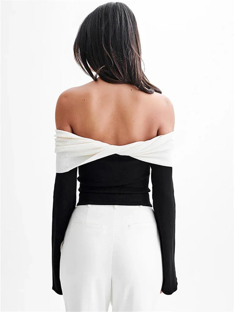 maoxiangshop - Autumn Contrast Off-Shoulder T-shirt Top Women's Patchwork Fashion Contrast Cropped Y2k Top Backless Female Skinny Tee New