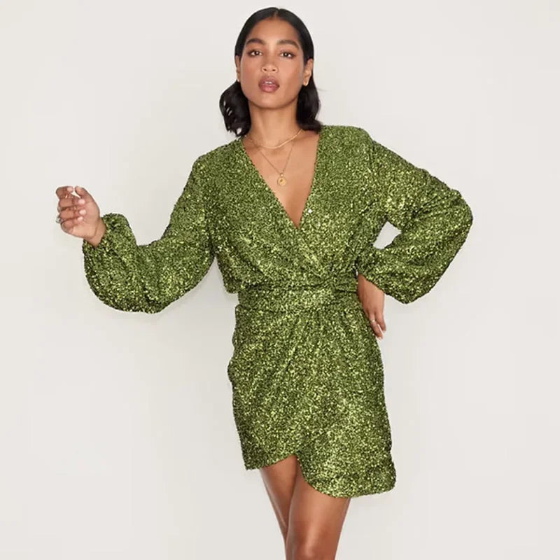 maoxiangshop - Sequin Shining Lace Up Evening Mini Dresses Women V-neck High Waist Long Sleeve Party Dresses Female 2024 Autumn Chic Gown Robe