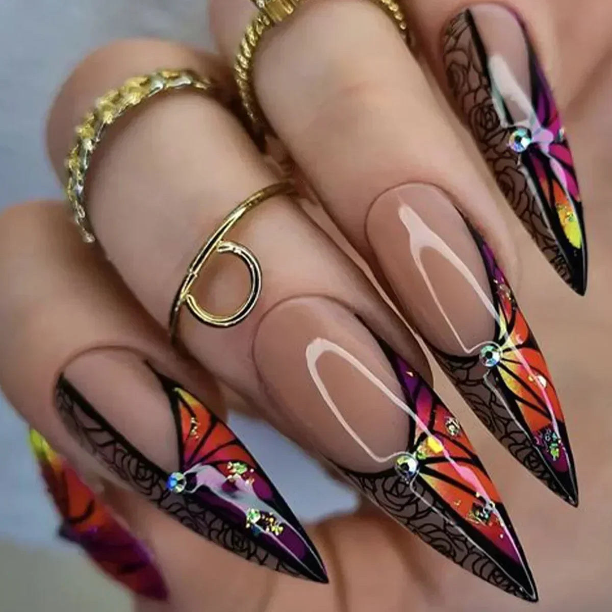 maoxiangshop 24Pcs False Nails With Glue Almond Pink Butterfly Design Detachable Rhinestones Acrylic Fake Nails long stiletto Press On Nails