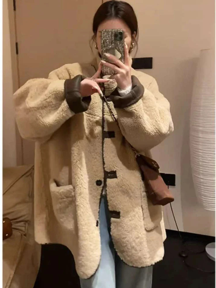 maoxiangshop - Autumn Winter Lamb Wool Jacket Women's Loose Coats Harajuku Warm Outerwear Long sleeve Cotton Padded Jacket