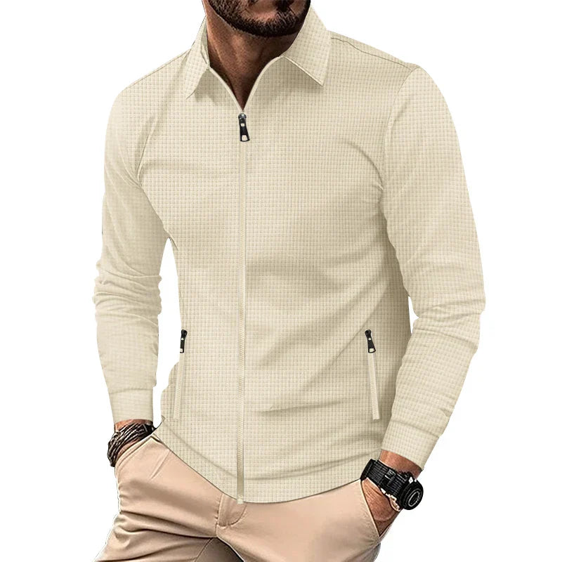 maoxiangshop Men's Lightweight Zip-Up Windbreaker: Classic Crew Neck, Stretch Polyester Jacket, Ideal for Spring/Fall Casual Wear