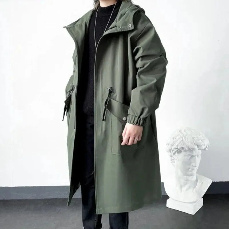 maoxiangshop Spring Autumn Army Green Windbreaker Fashion Men Mid-length Casual Hooded Coat Men Daily High Street Overcoat Male Clothes