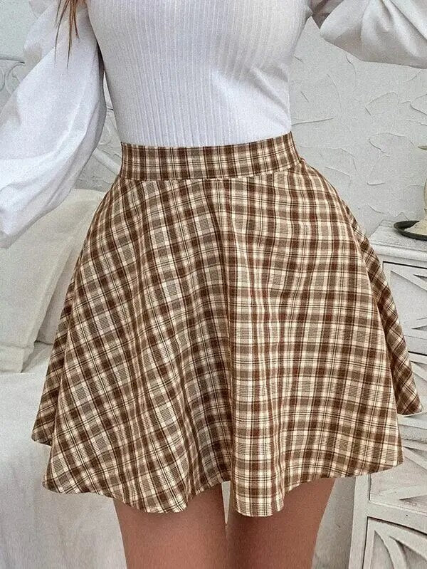 maoxiangshop New Women Fashion Vintage Plaid Casual With Skirt Sweet Contrast Plaid Skirt A-line Skirt High Waist Skirt
