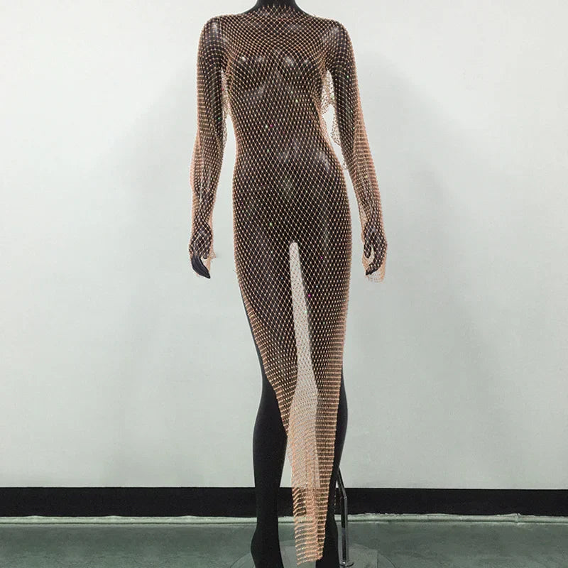 maoxiangshop-Y2K Sexy Shiny Rhinestones Grid Fishnet Dress Long Sleeve Hollow Out Side Slit Dress Beach Cover Up Breathable Lady Vestidos