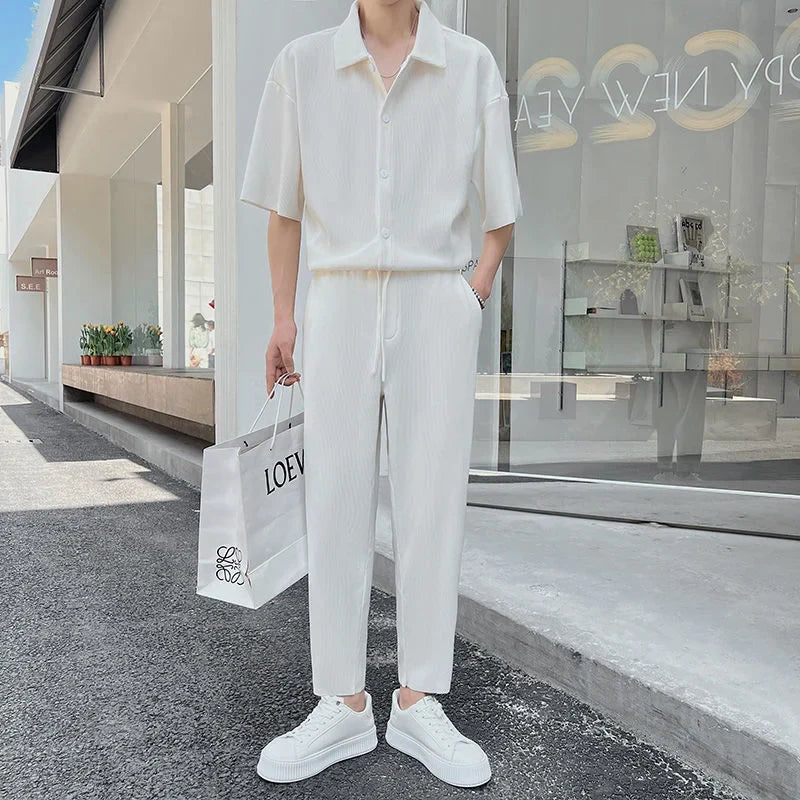 maoxiangshop Summer Pleated Sets Men Fashion Black/White Casual Ice Silk Suit Men Korean Short-sleeved Shirt/Trousers Two-piece Mens Set