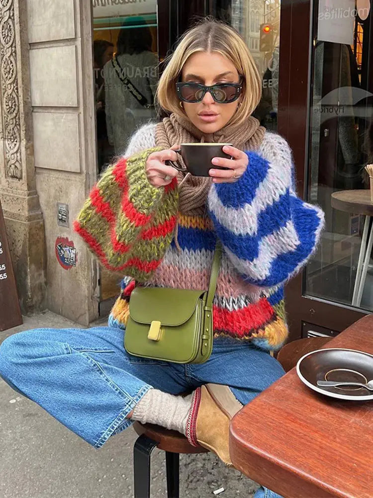 maoxiangshop - Casual Knitted Colorful Stripes Sweater Women Fashion O Neck Puff Long Sleeves Short Pullover Autumn Lady High Street Jumper